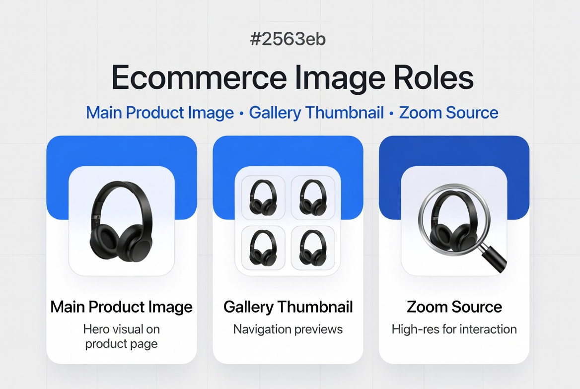 Ecommerce image roles grid showing main image, gallery thumbnail, and zoom source