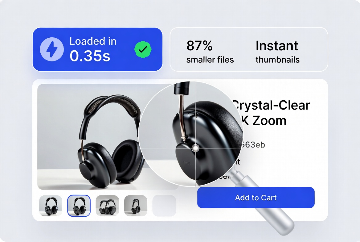 Ecommerce product page visual showing image size strategy for speed and zoom quality