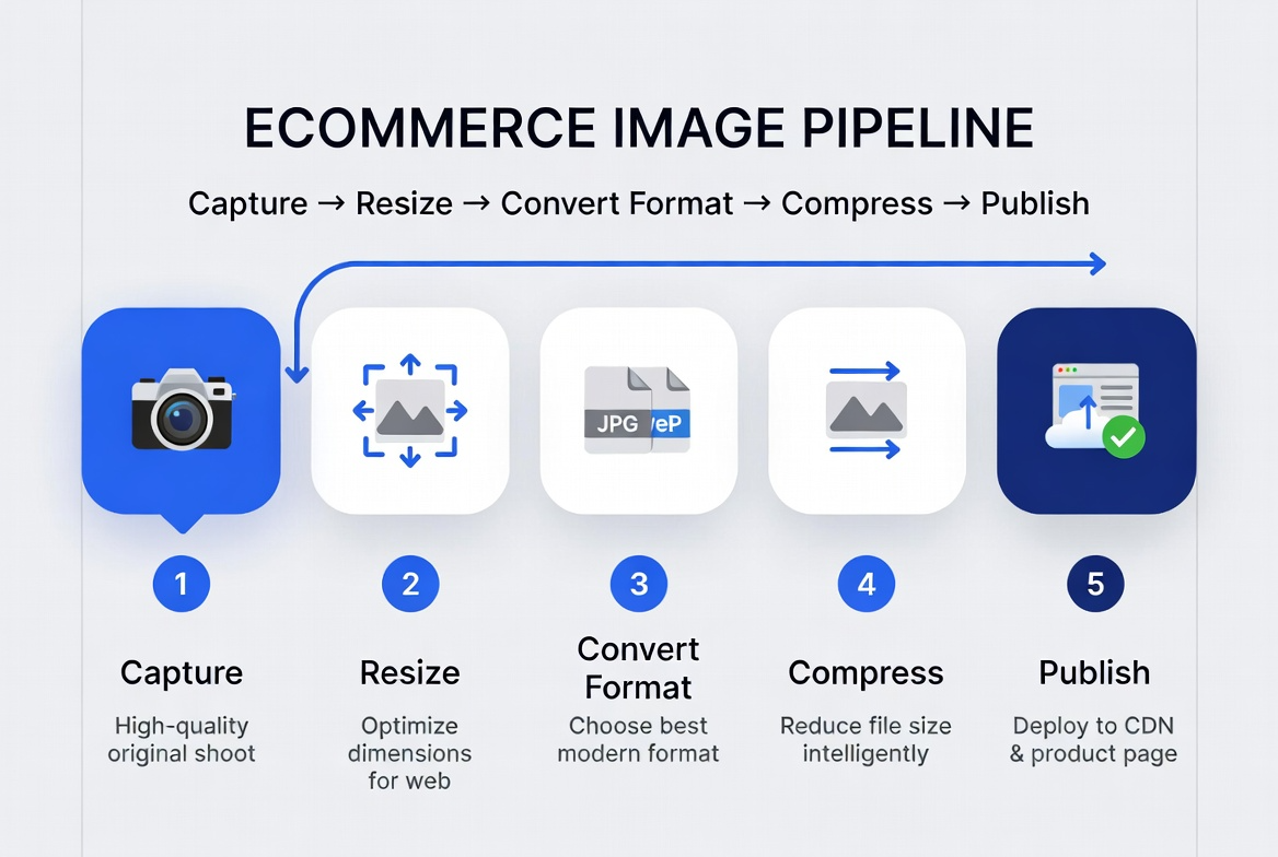 Ecommerce image workflow: capture, resize, convert format, compress, publish