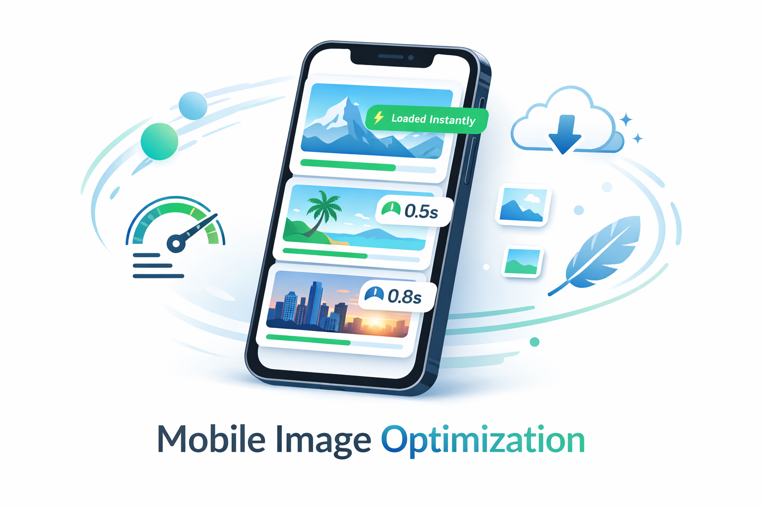 Mobile device showing fast-loading optimized images and speed indicators