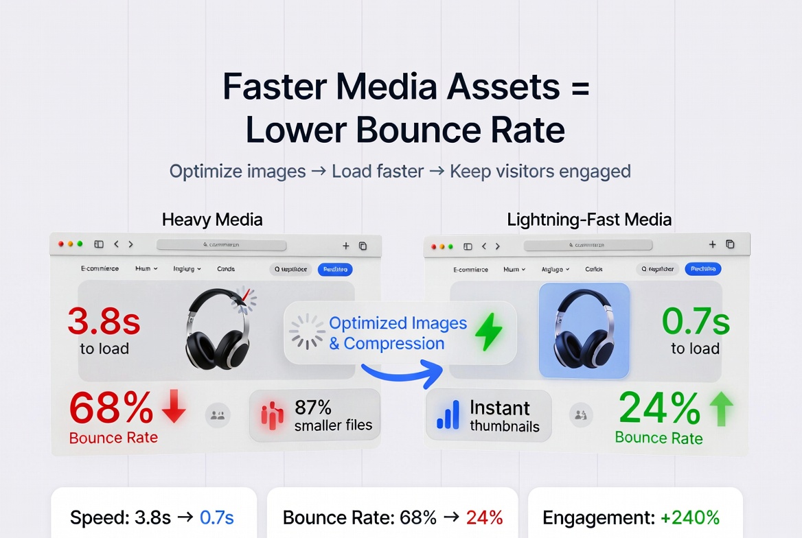 Fast media assets reducing bounce rate with analytics and speed indicators