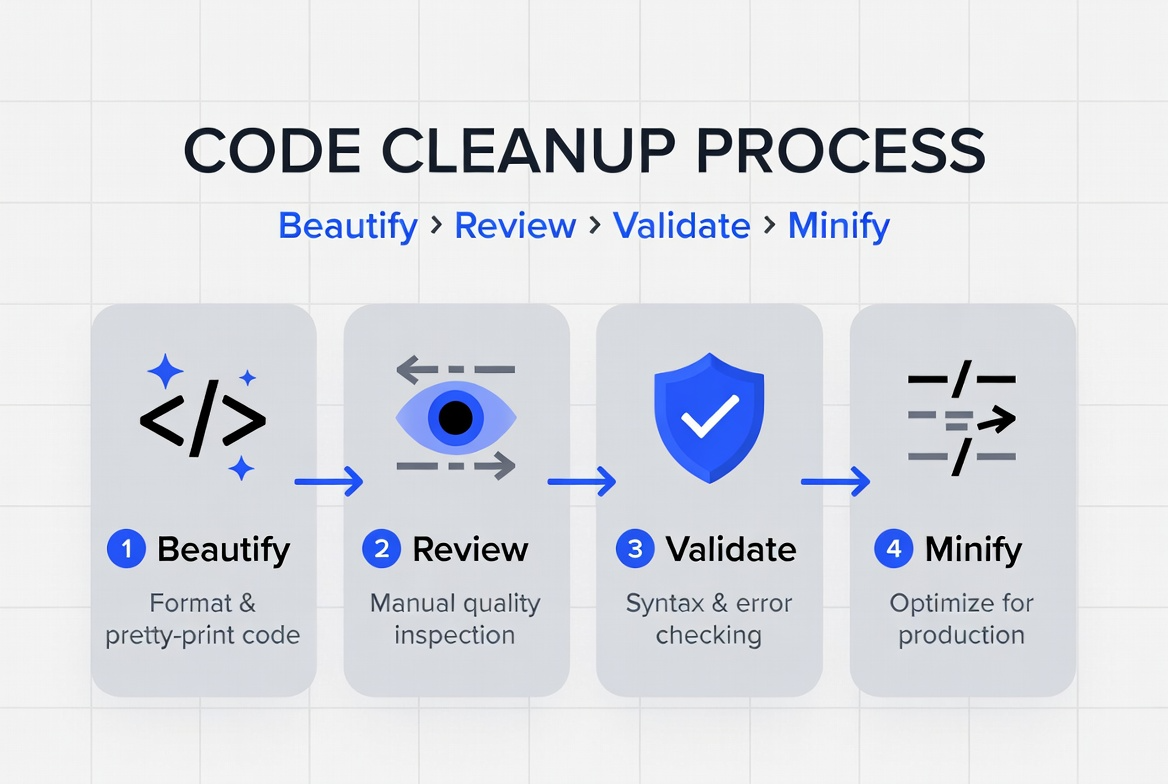 Code cleanup process showing beautify, review, validate, and minify steps
