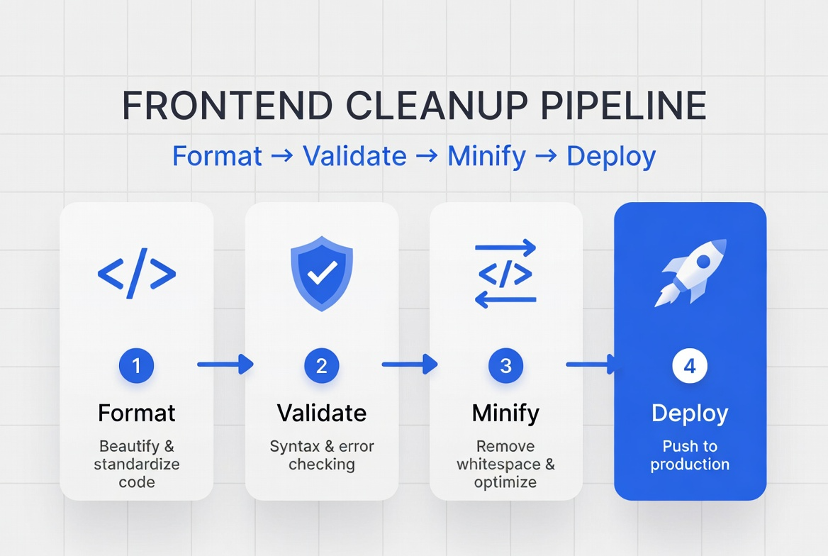 Flowchart for format, validate, and minify workflow before deployment