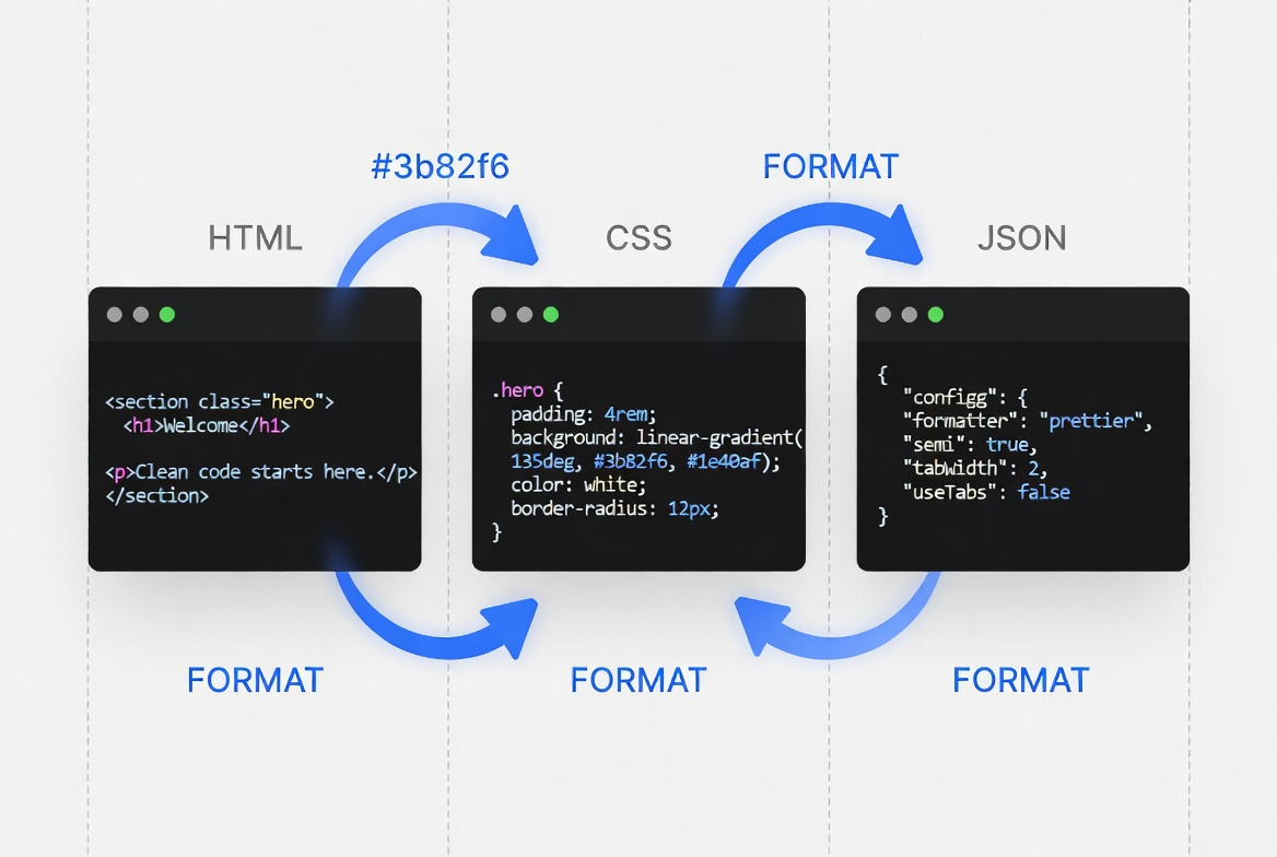 HTML, CSS, and JSON formatting workflow with code panels and process arrows