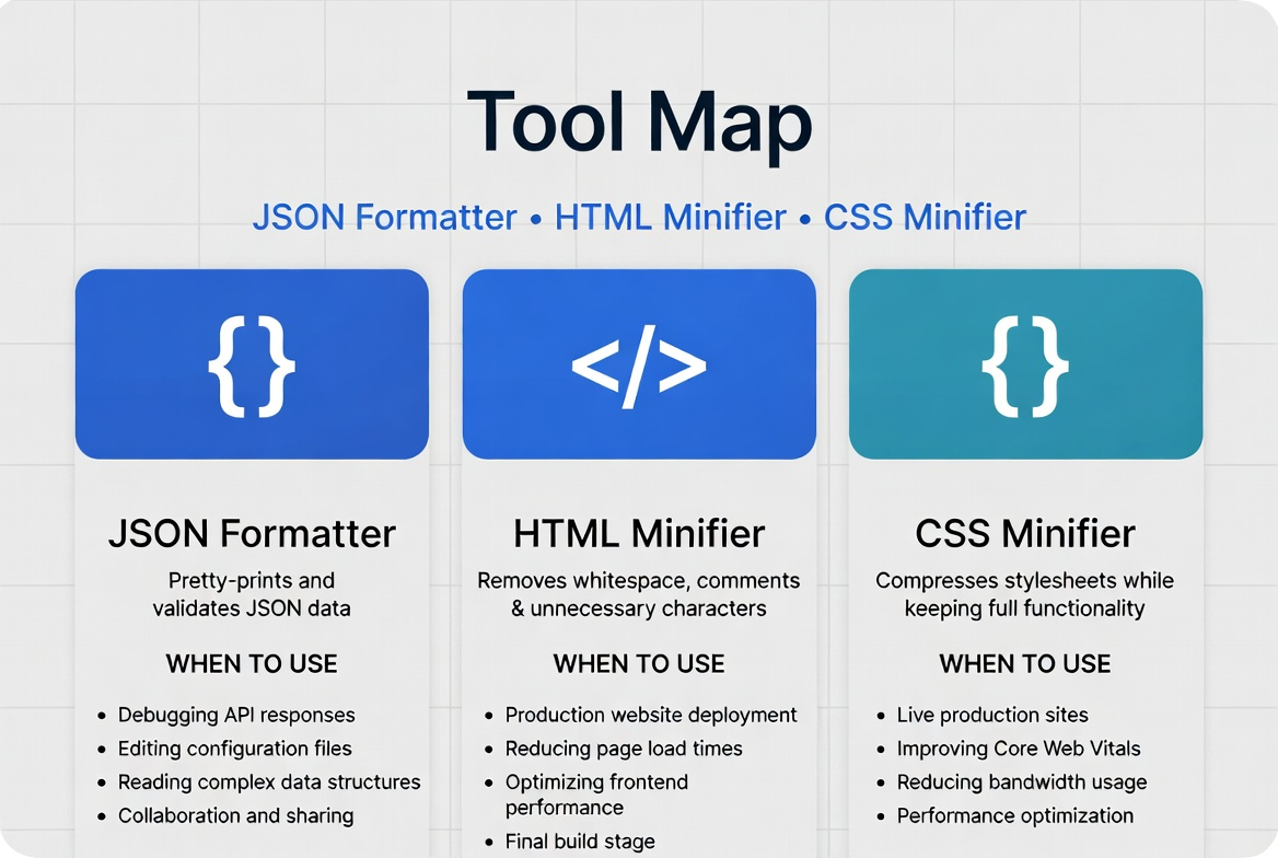 Tool map showing JSON Formatter, HTML Minifier, and CSS Minifier usage stages