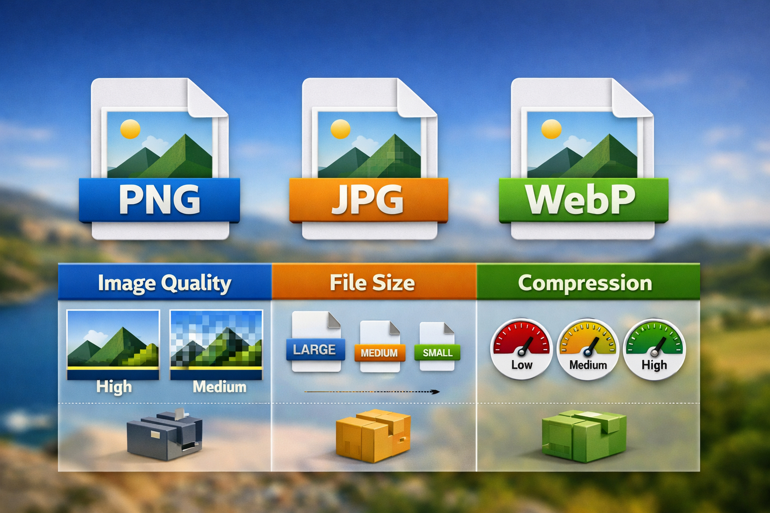 PNG, JPG and WebP image format comparison hero visual