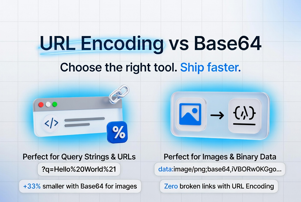 Decision flowchart choosing URL Encoding for URLs and Base64 for payload transport