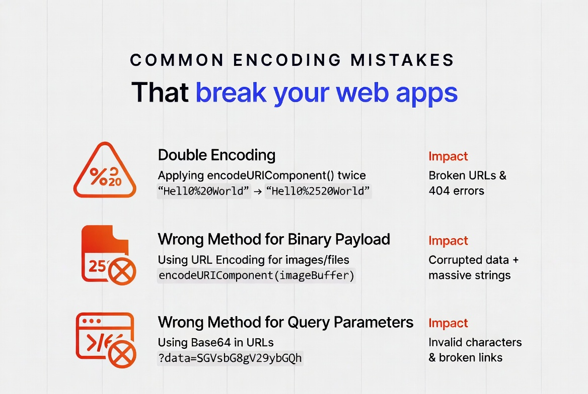 Infographic showing encoding mistakes like double encoding and wrong method choice
