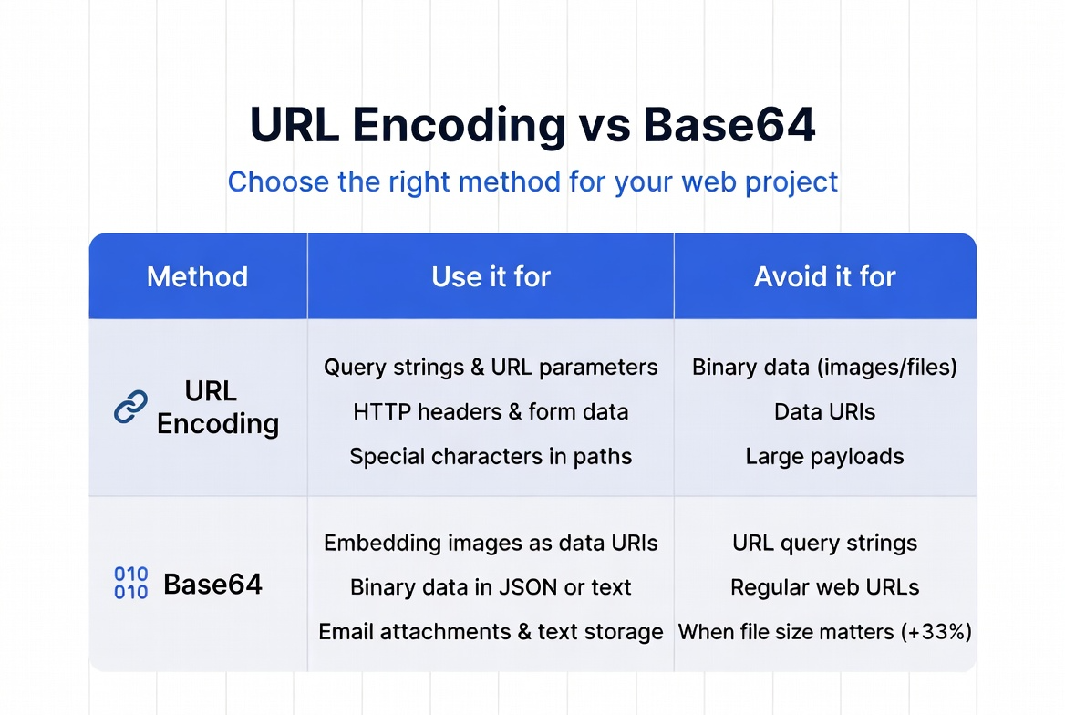 Visual comparison table of URL Encoding vs Base64 with use and avoid cases