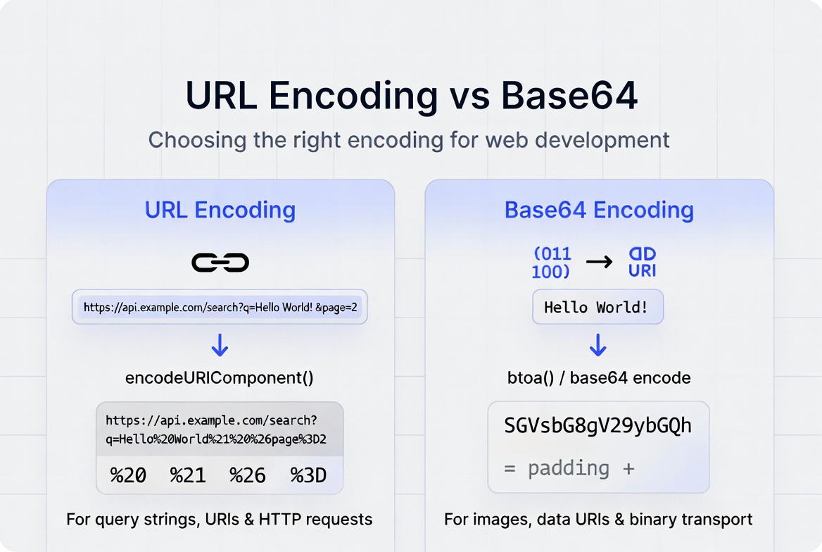 Developer hero visual comparing URL Encoding and Base64 data streams